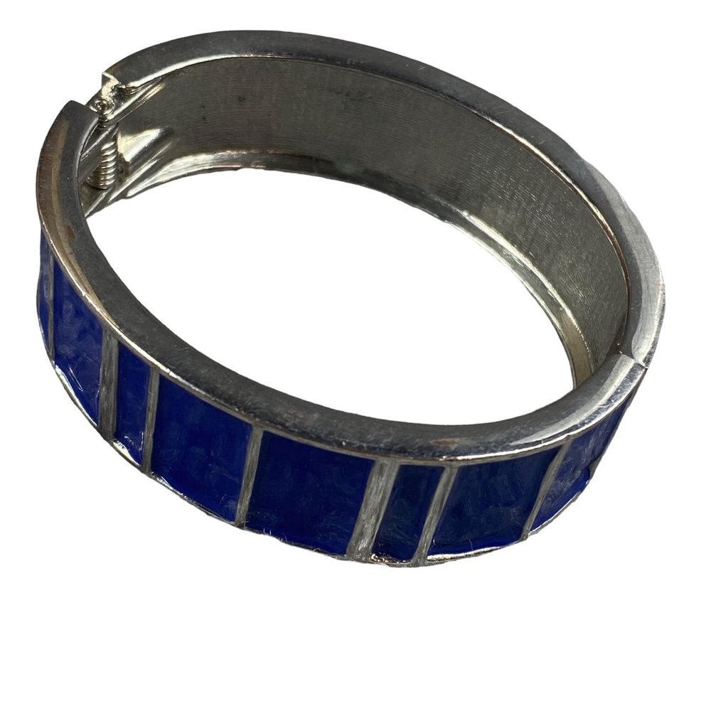 Clamper Style Bracelet Silver Color Blue Enamel Women Hinged Vintage